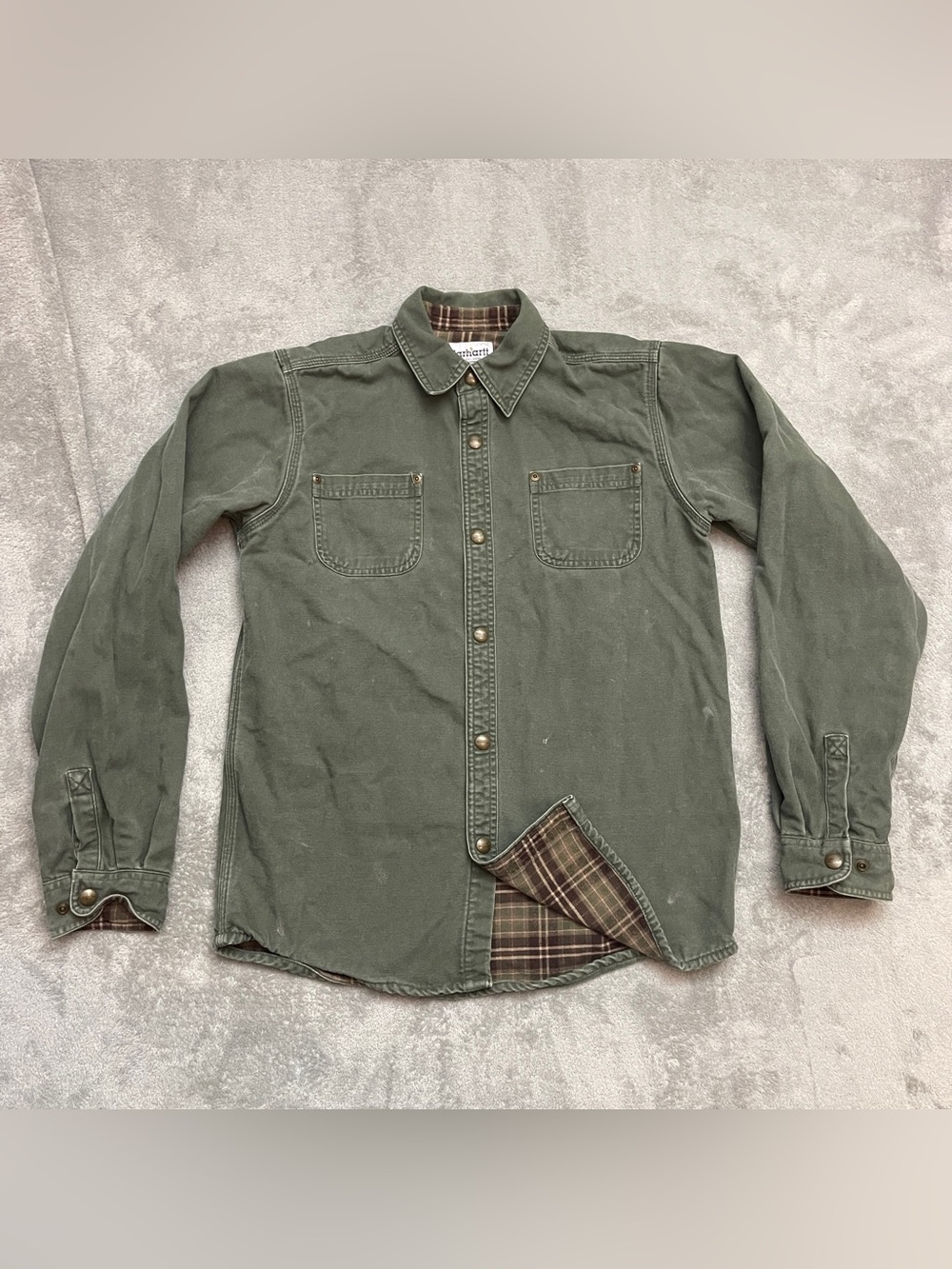Carhartt Moss Green Canvas Shirt Jacket Flannel Lined Mens XL Plaid Snap Button